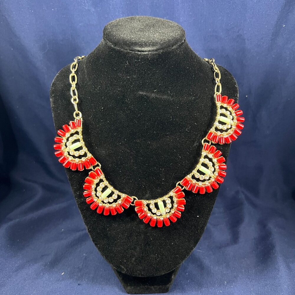 Red & White Beaded Choker Necklace With Rhinestones & Gold-Tone Chain